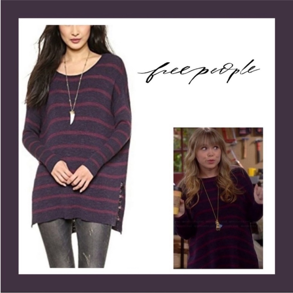 Free People oversized cotton blend tunic sweater in navy blue & maroon stripes